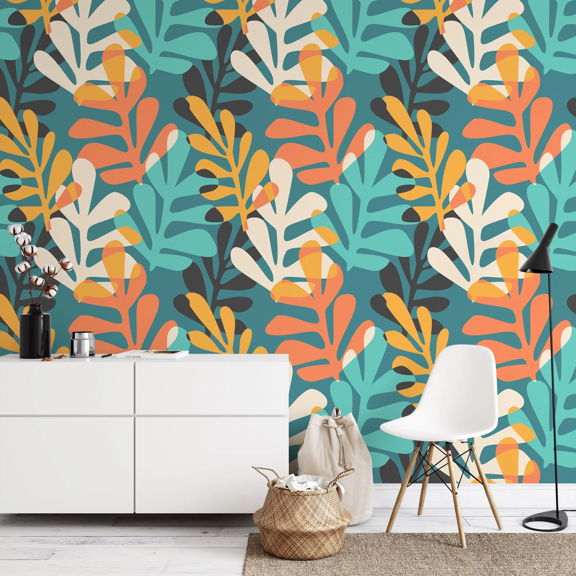 Abstract Large Tropical Leaves Flat Art Design Wallpaper, Contemporary Nature Design Peel & Stick Wall Mural