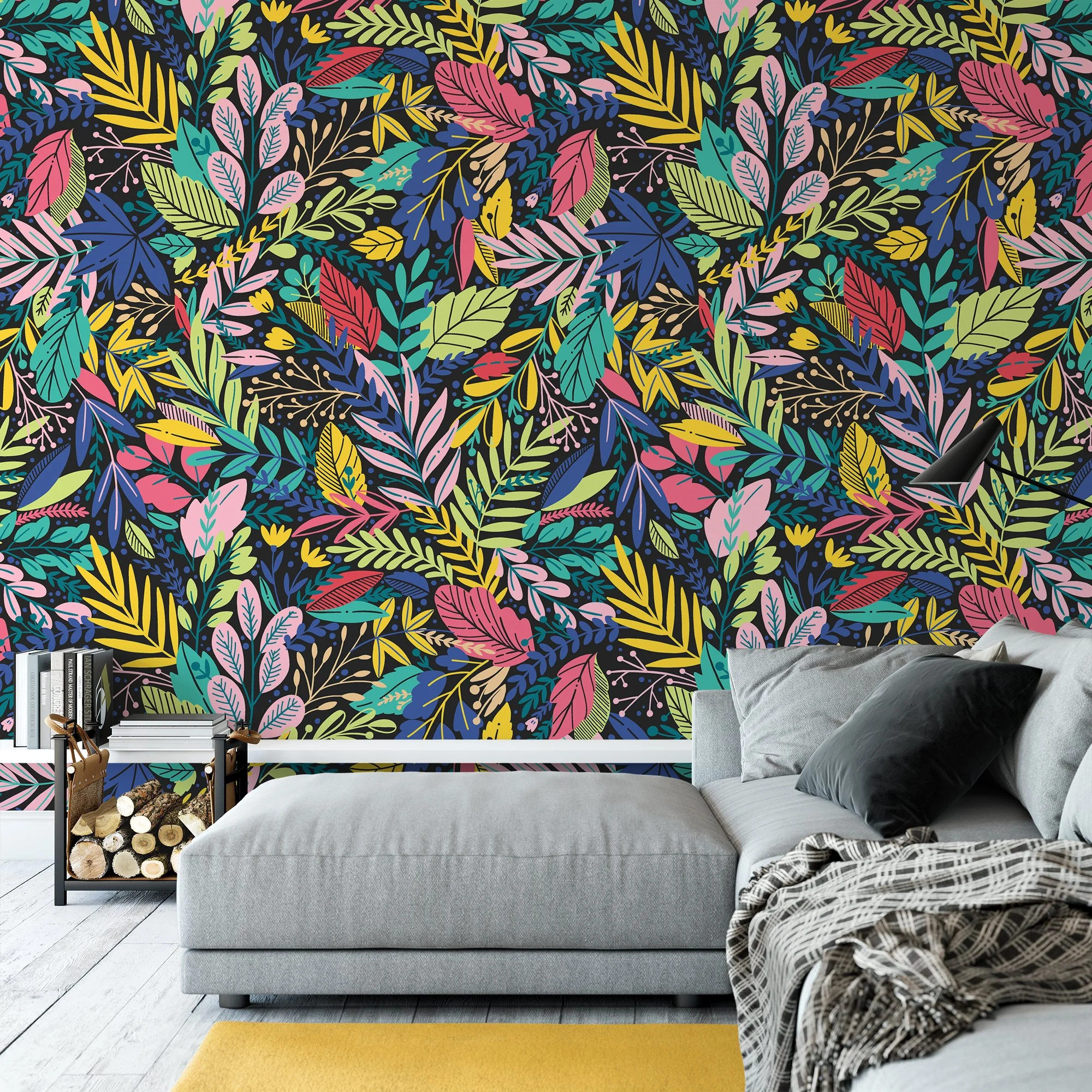 Colorful Leaves Illustration With A Dark Background Wallpaper, Exotic Botanical Peel & Stick Wall Mural