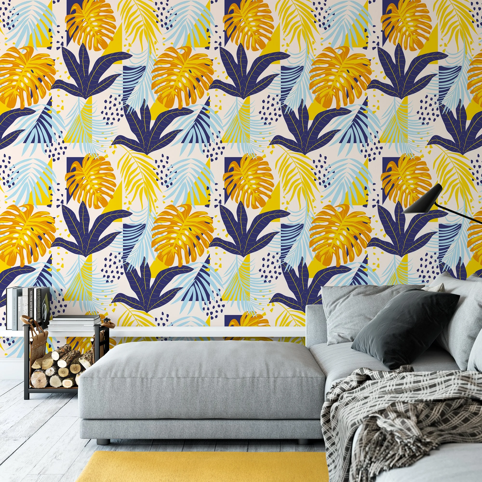 Large Abstract Tropical Colorful Leaves Illustration Wallpaper, Bold Blue And Yellow Peel & Stick Wall Mural