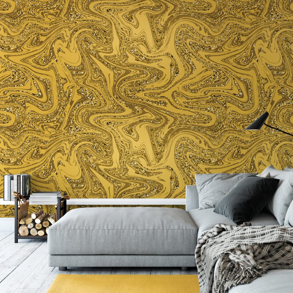 Sparkly Gold Yellow Marble Illustration Wallpaper, Abstract Liquid Gold Swirl Peel & Stick Wall Mural