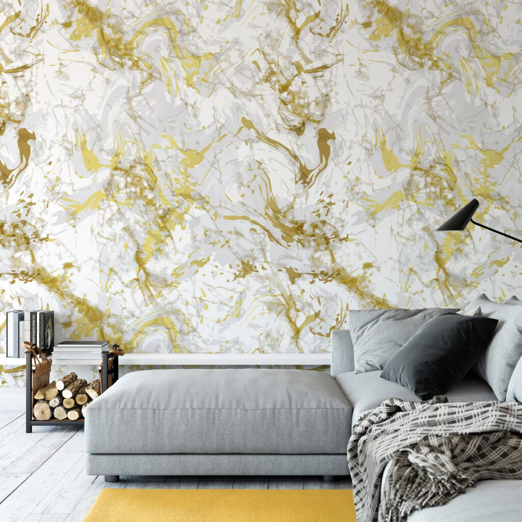 Abstract White And Gold Marble Illustration Wallpaper, Gold Splatter On White Peel & Stick Wall Mural