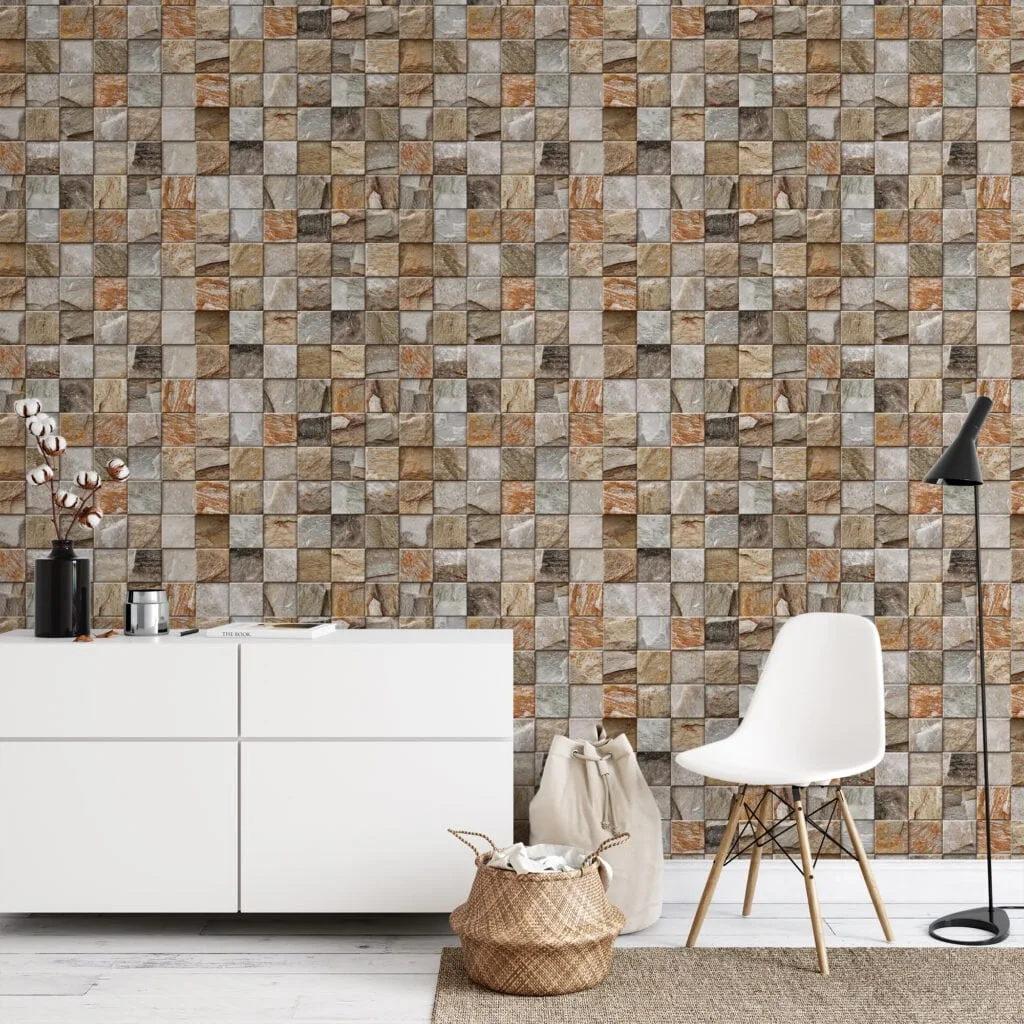 Mosaic Style Brick Wall Square Tiles Wallpaper, Rustic And Natural Peel & Stick Wall Mural