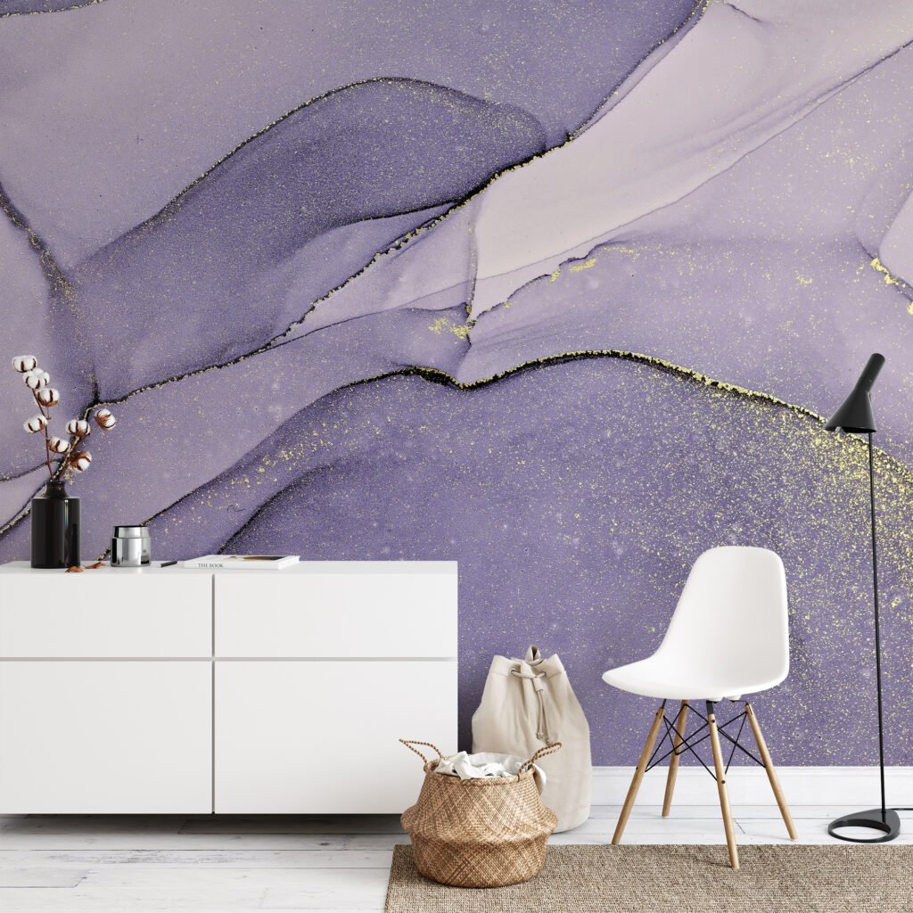 Lavender Purple With Yellow Highlights Alcohol Ink Art Marble Wallpaper, Lavender Dreams Marble Peel & Stick Wall Mural