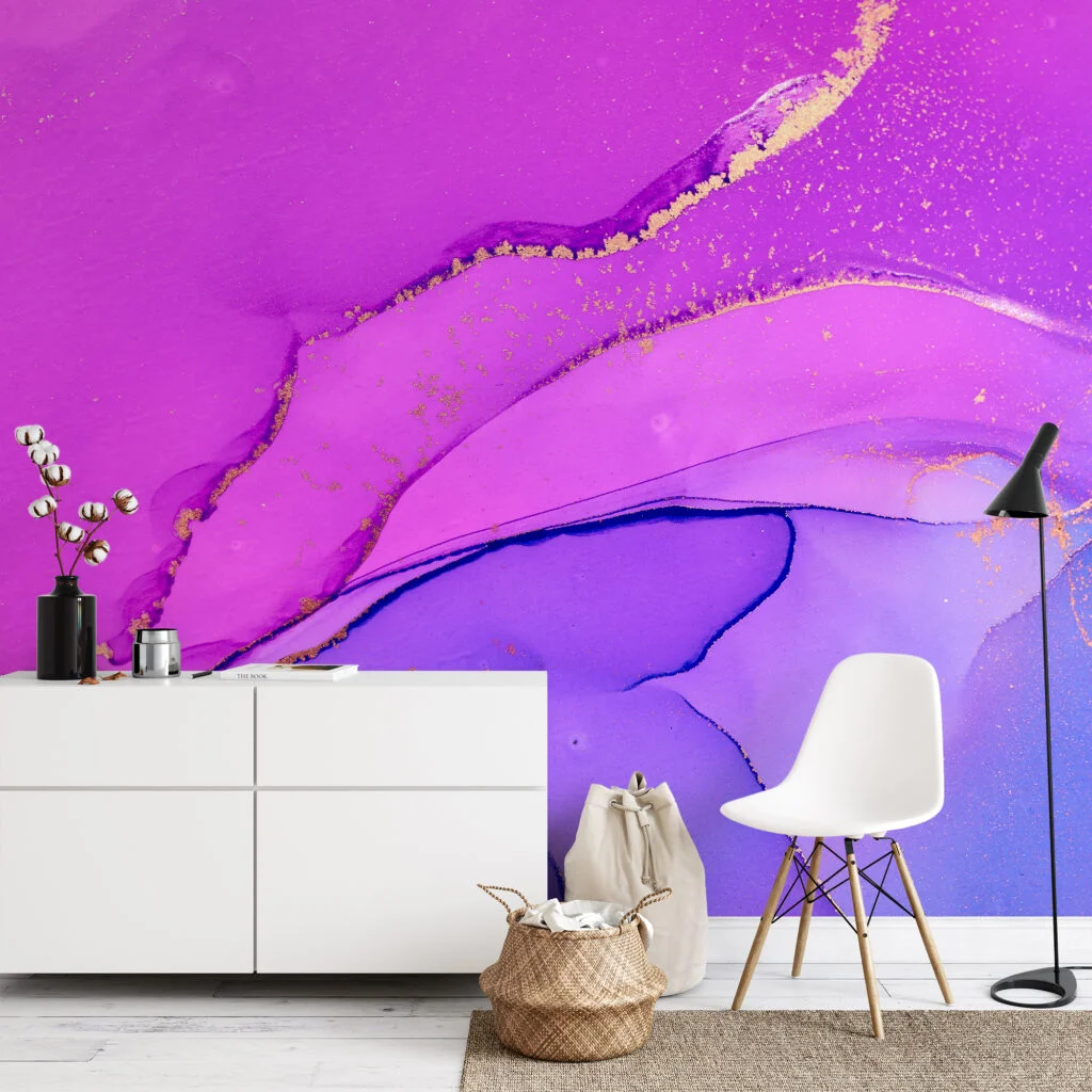 Hot Pink And Purple Alcohol Ink Art Marble Wallpaper, Captivating Royal Purple Peel & Stick Wall Mural