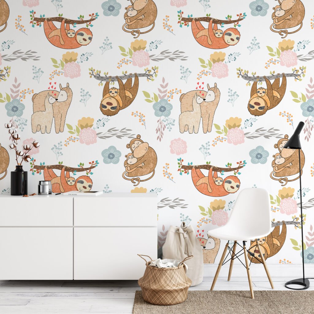 Nursery Animals With Sloths Sheep And Monkeys Illustration Wallpaper, Cozy Animal Peel & Stick Wall Mural