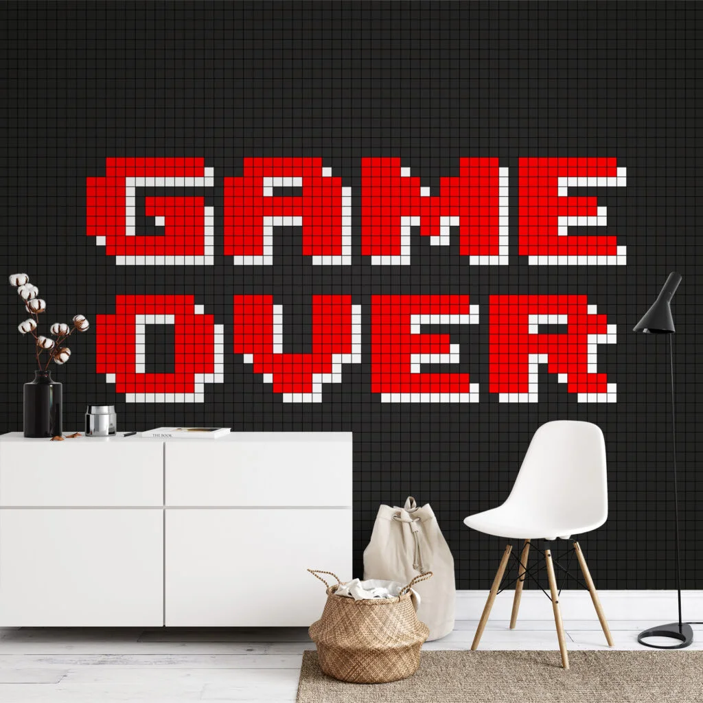 Game Over Video Game Pixel Art Wallpaper, Nostalgic Gamer Wall Decor Peel & Stick Wall Mural