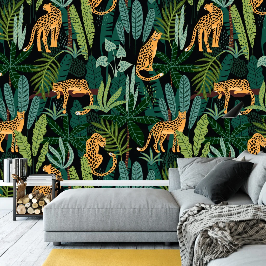 Green Tropical Flat Art Jungle With Leopards Illustrations Wallpaper, Exotic Jungle Inspired Peel & Stick Wall Mural