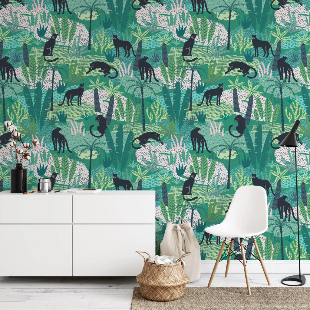 Flat Art Tropical Jungle With Panthers Illustration Wallpaper, Jungle Safari Animal Peel & Stick Wall Mural