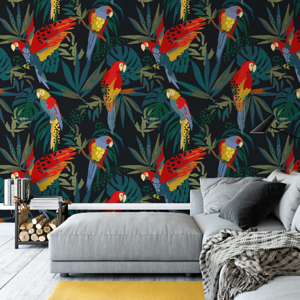 Flat Art Parrots In A Dark Jungle Illustration Wallpaper, Vibrant Parrot Haven Peel & Stick Wall Mural