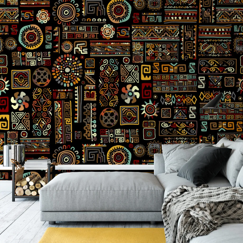 Abstract Historic Hieroglyphs Illustration Wallpaper, Geometric Tribal Decor Peel & Stick Wall Mural