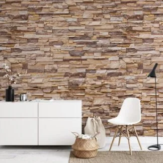 Stone Brick Wall Wallpaper, Neutral Textured Stone Cladding Peel & Stick Wall Mural