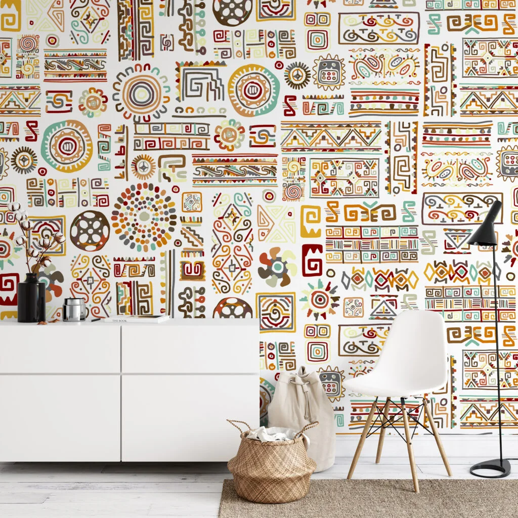 Abstract Historic Hieroglyphs Illustration Wallpaper On A White Background, Art Deco Tribal Peel & Stick Wall Mural