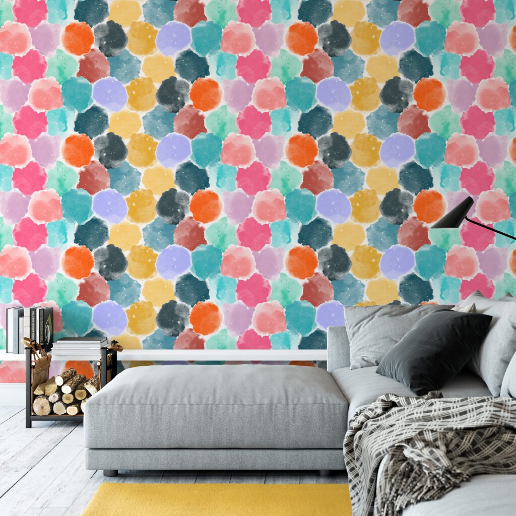 Colorful Abstract Watercolor Style Brush Circles Illustration Wallpaper, Playful Color Splash Peel & Stick Wall Mural