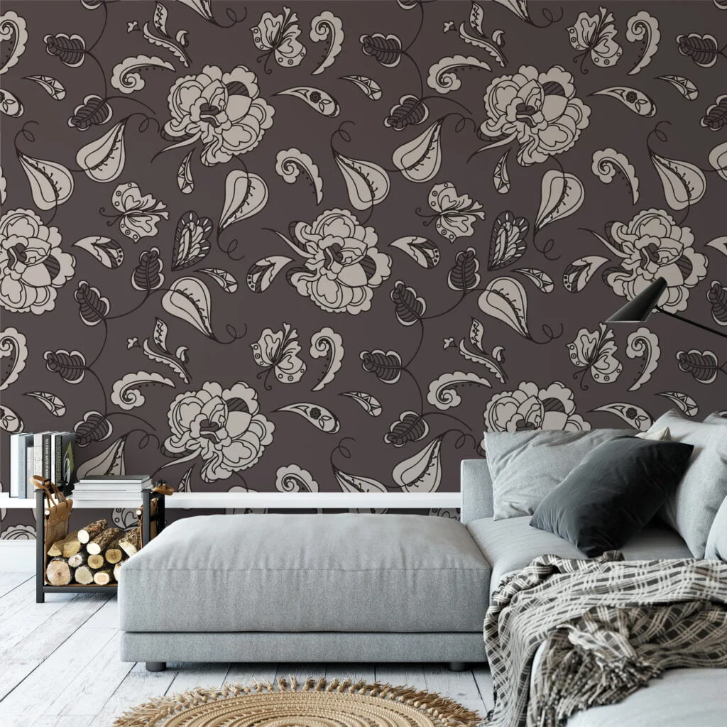 Abstract Paisley Vintage Style Wallpaper, Elegant Monochrome Floral Peel & Stick Wall Mural