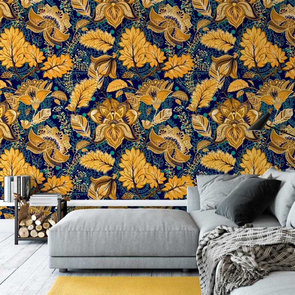 Yellow Floral Paisley Pattern Wallpaper, Luxurious Gold Floral Art Deco Peel & Stick Wall Mural