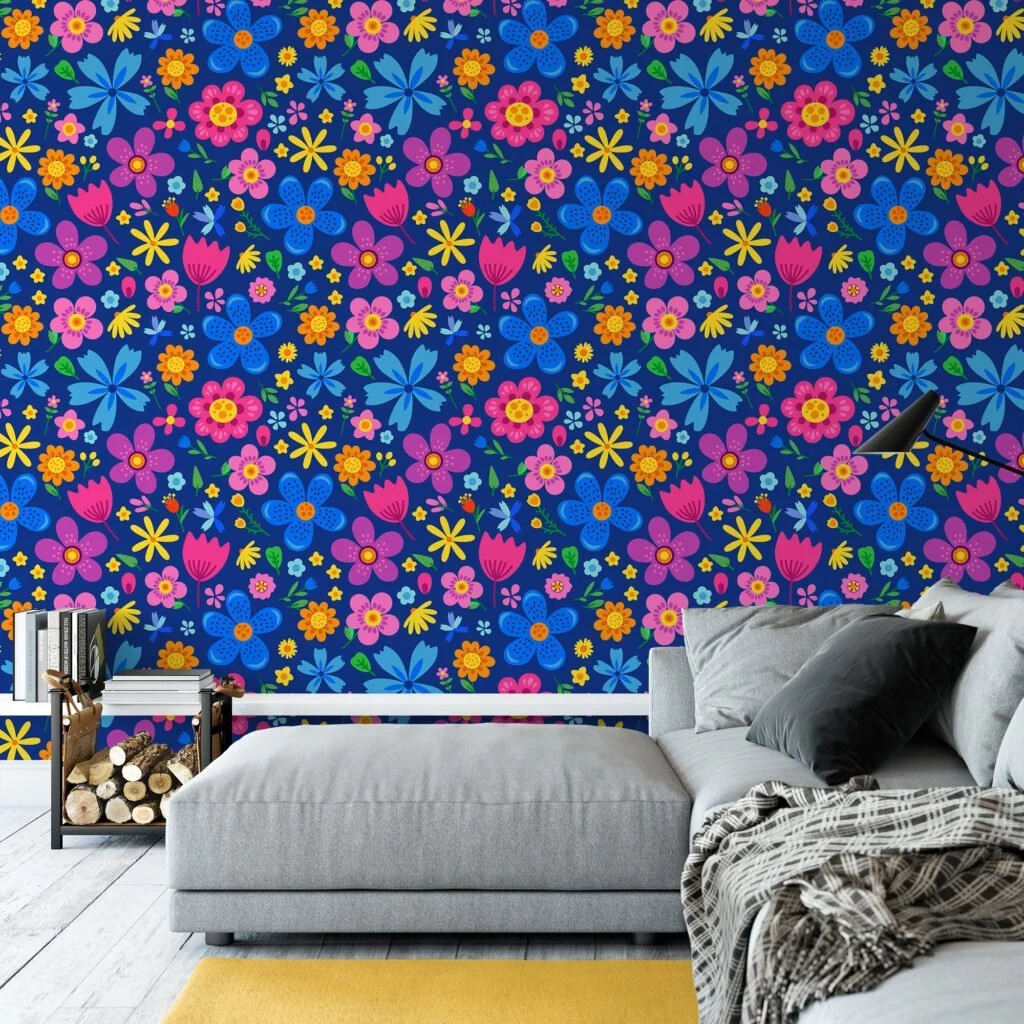 Bright Colored Folk Art Flower Illustration Wallpaper, Joyful Meadow Floral Peel & Stick Wall Mural