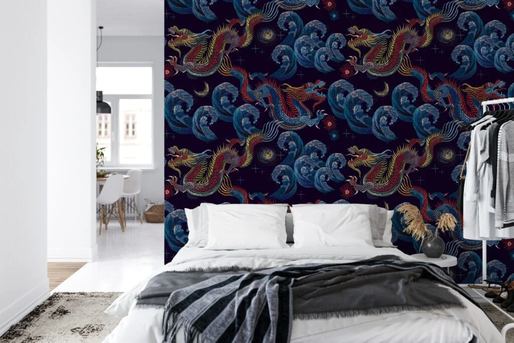 Traditional Dark Wallpaper with Dragons and Waves Wallpaper, Navy Chinoiserie Wall Mural with Mythical Beasts