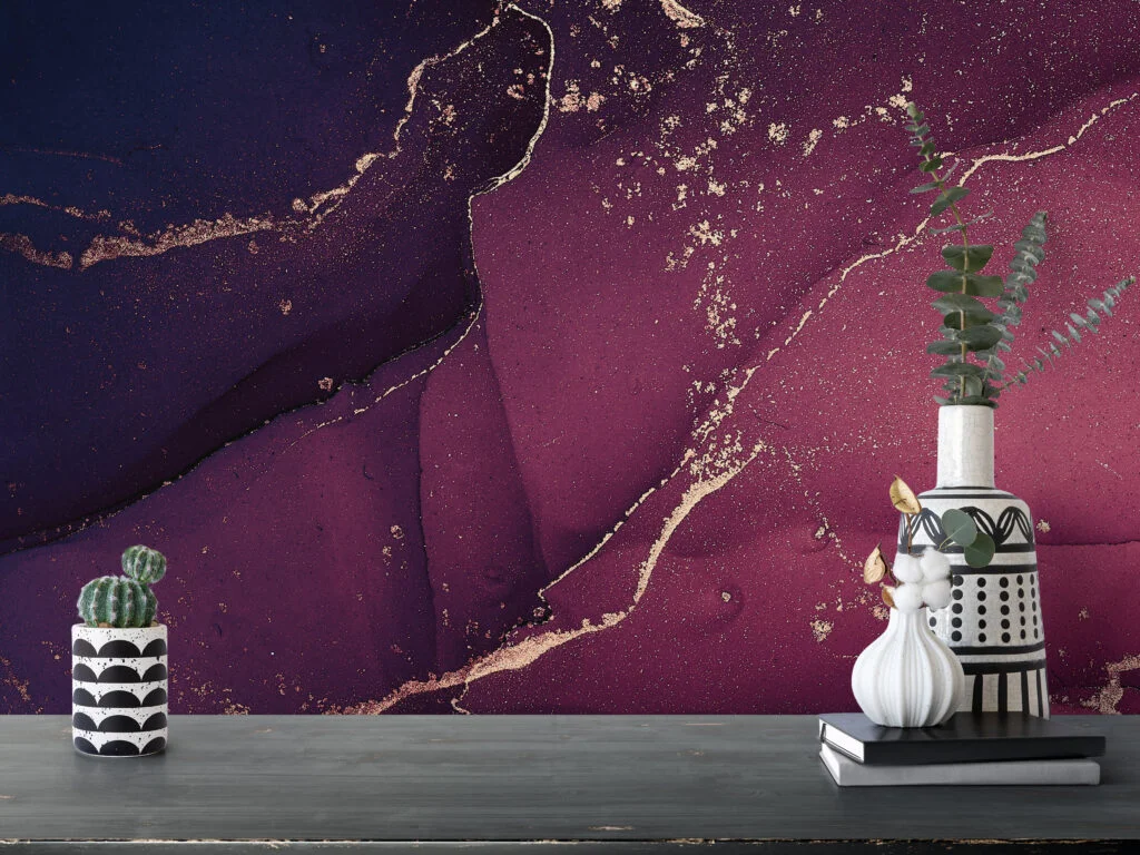 Dark Purple With Fuchsia Marble Ink Art Wallpaper, Majestic Burgundy Marble Peel & Stick Wall Mural