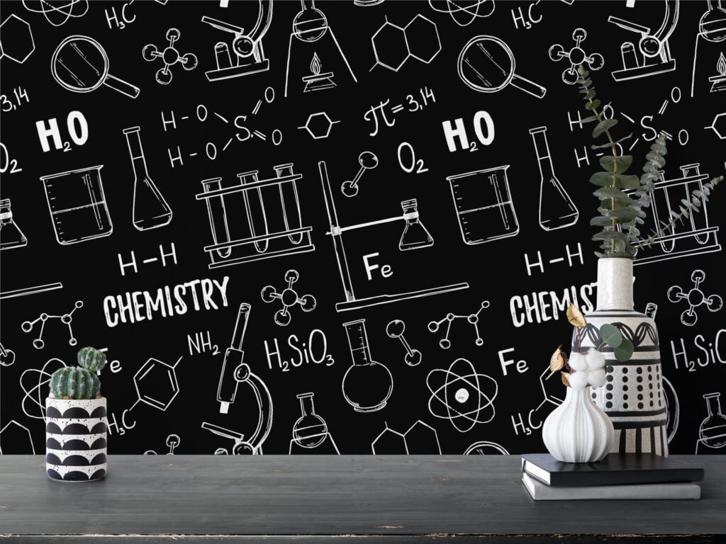 Chalkboard With Chemistry Icons Illustrations Wallpaper, Black and White Science Theme Wall Mural for Kids and Classrooms
