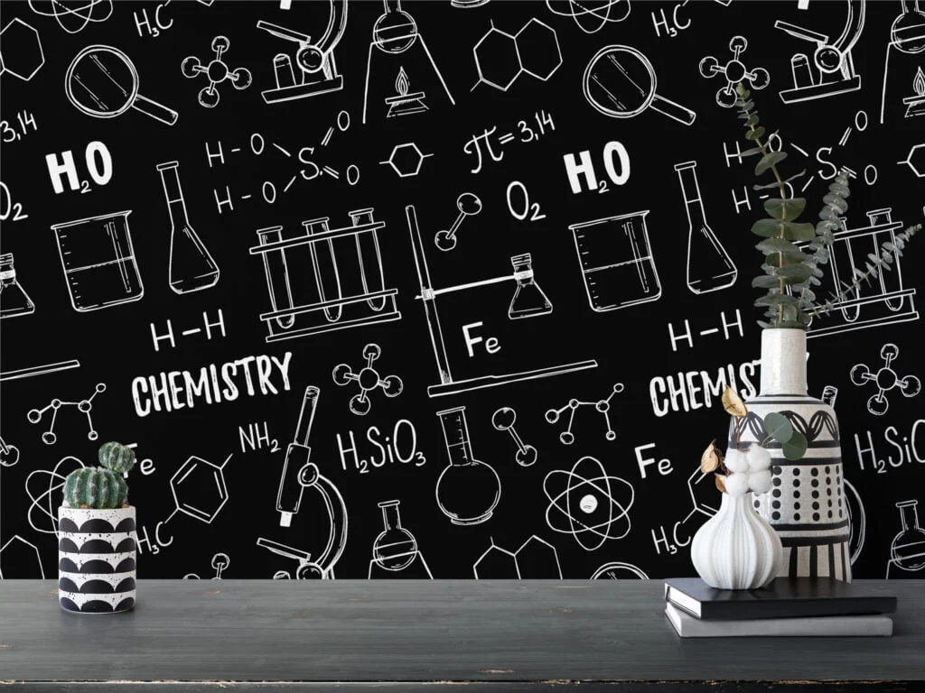 Chalkboard With Chemistry Icons Illustrations Wallpaper, Black and White Science Theme Wall Mural for Kids and Classrooms