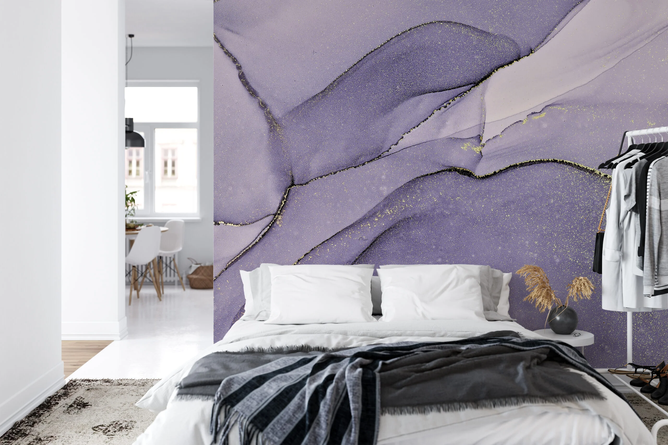 Lavender Purple With Yellow Highlights Alcohol Ink Art Marble Wallpaper, Lavender Dreams Marble Peel & Stick Wall Mural