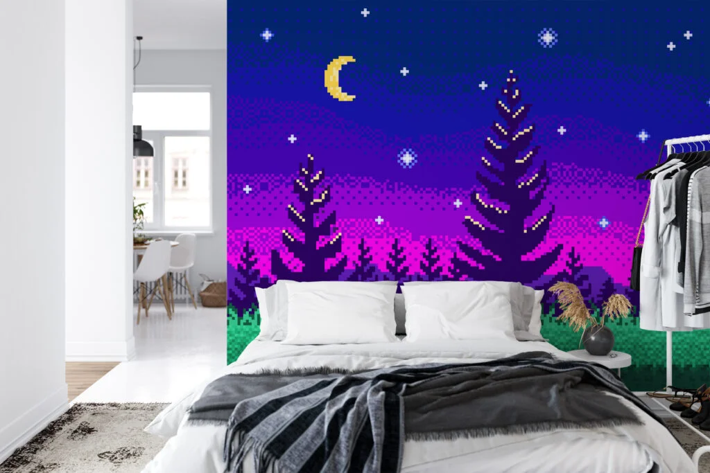 Pixel Art Night Trees With Purple Gradient Background Wallpaper, Pixelated Starry Night Forest Peel & Stick Wall Mural