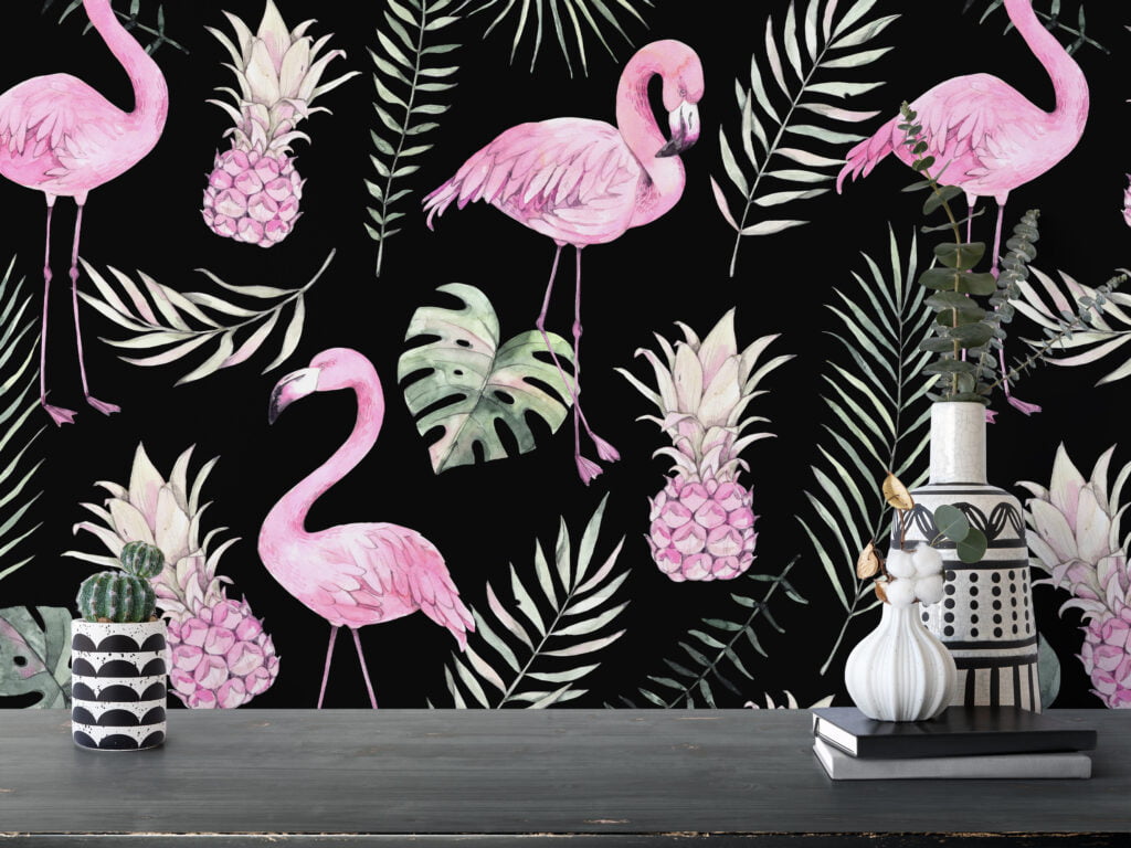 Watercolor Effect Pink Flamingos With Tropical Leaves Wallpaper, Elegant Tropical Peel & Stick Wall Mural
