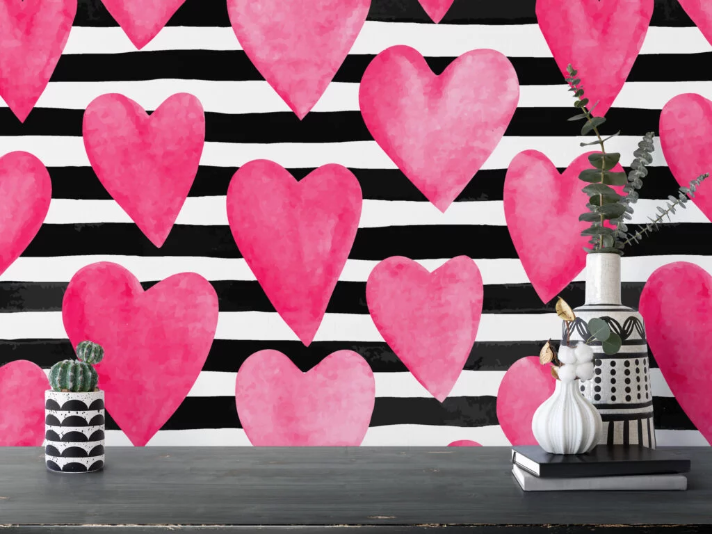 Watercolor Style Pink Hearts With Striped Background Wallpaper, Love Stripes Peel & Stick Wall Mural