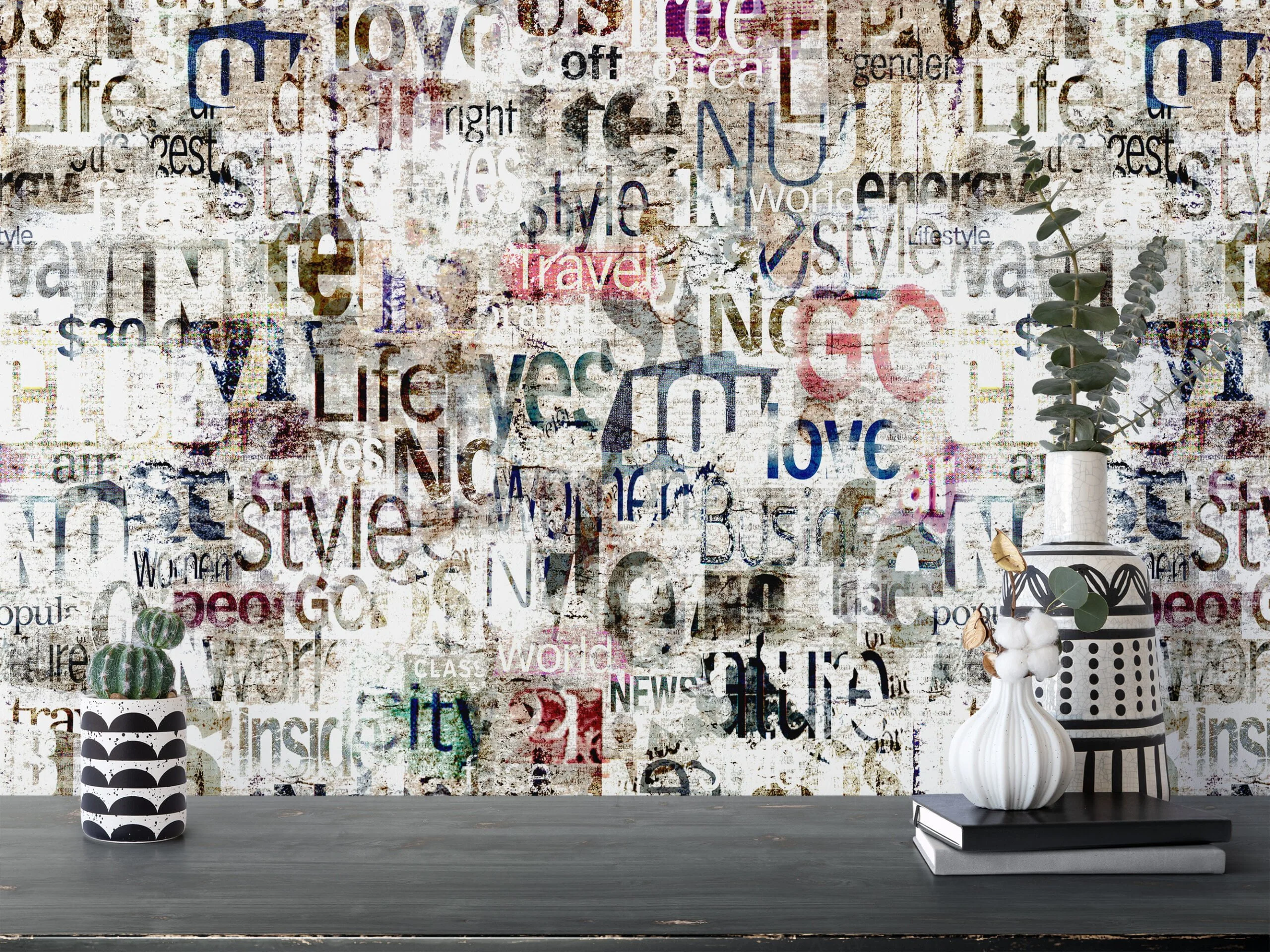 Modern Abstract Typography Wallpaper, Rusty Grunge Words Illustration Peel & Stick Wall Mural