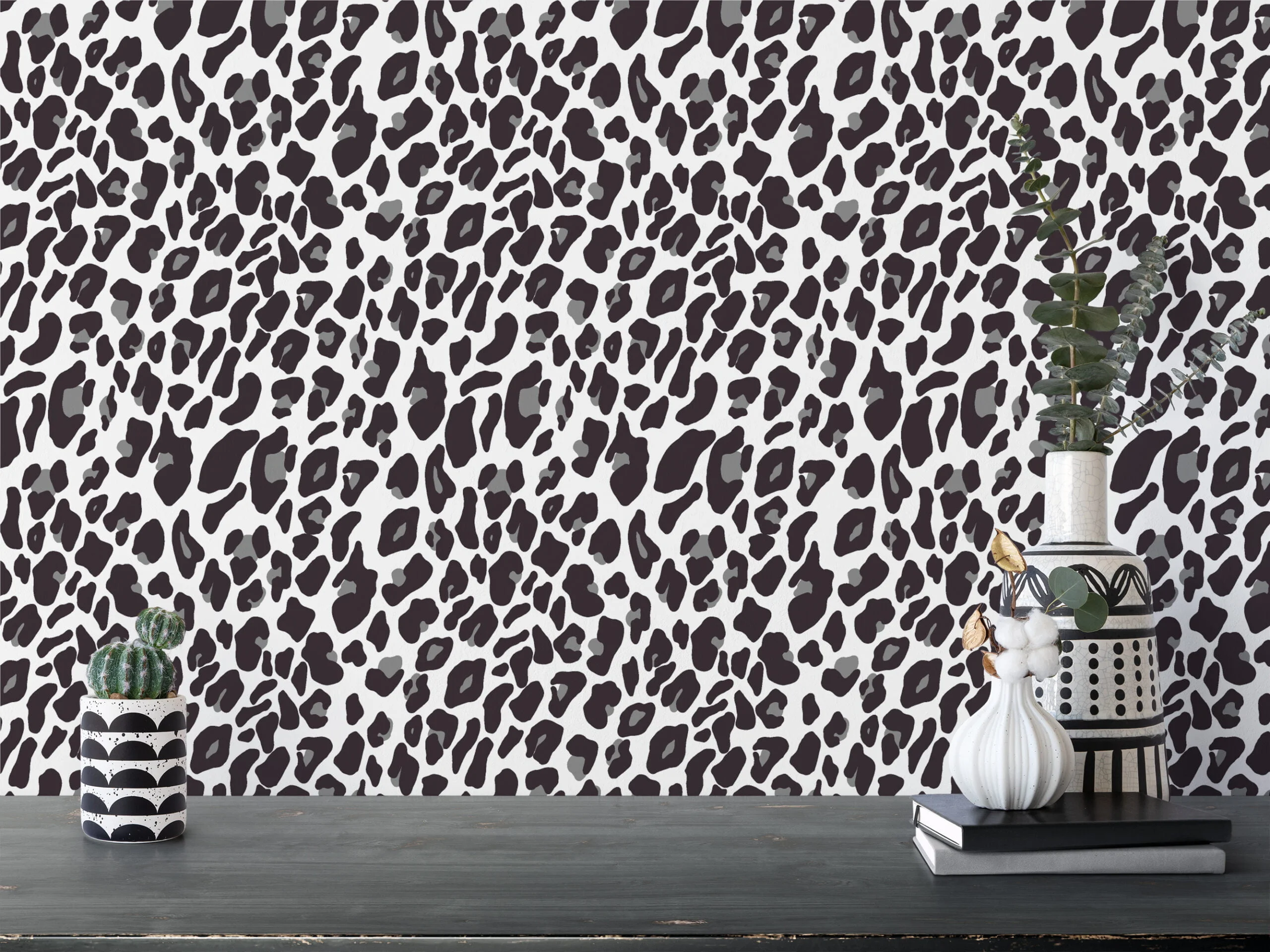 White Grey Leopard Jaguar Skin Pattern Illustration Wallpaper, Sleek Monochrome Leopard Spot Peel & Stick Wall Mural