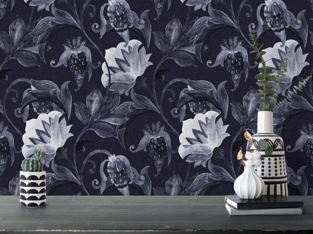 Vintage Goth Floral Drawing Style Illustration Wallpaper, Monochrome Elegance Floral Peel & Stick Wall Mural
