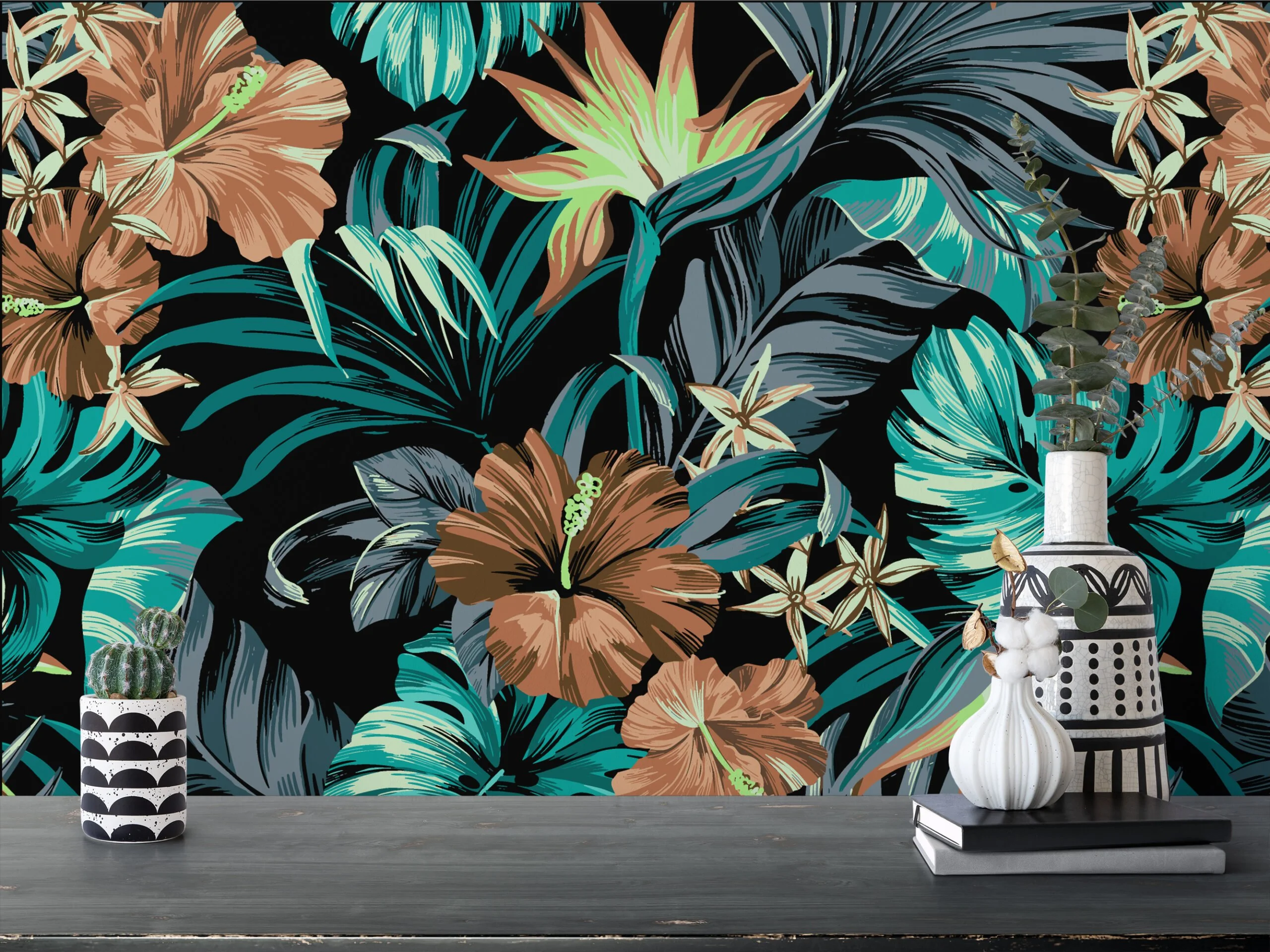 Tropical Leaves And Flowers On A Black Background Wallpaper, Exotic Green and Brown Flora Peel & Stick Wall Mural