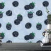Black Berries Pattern Illustration Wallpaper, Whimsical Berries on Soft Blue Peel & Stick Wall Mural