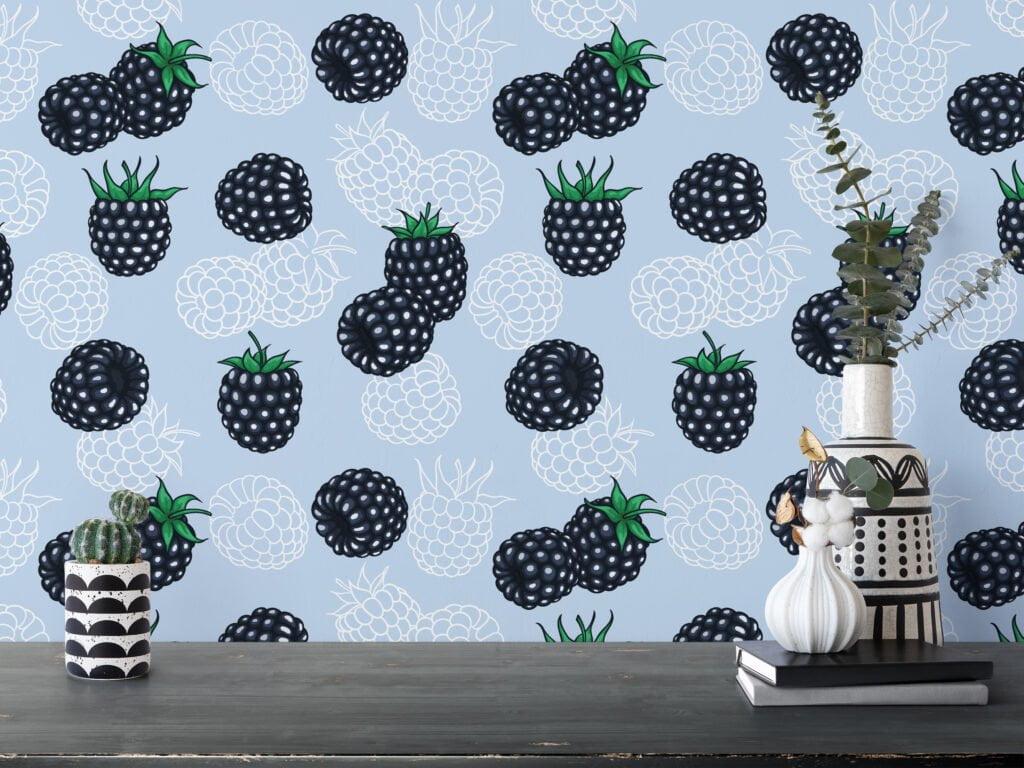 Black Berries Pattern Illustration Wallpaper, Whimsical Berries on Soft Blue Peel & Stick Wall Mural