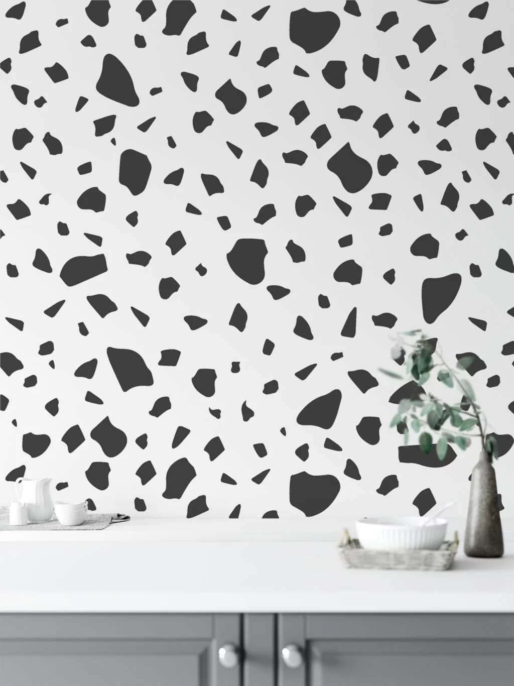 Dark Grey Block Pattern Illustration, Minimalist Terrazzo Black & White Peel & Stick Wall Mural