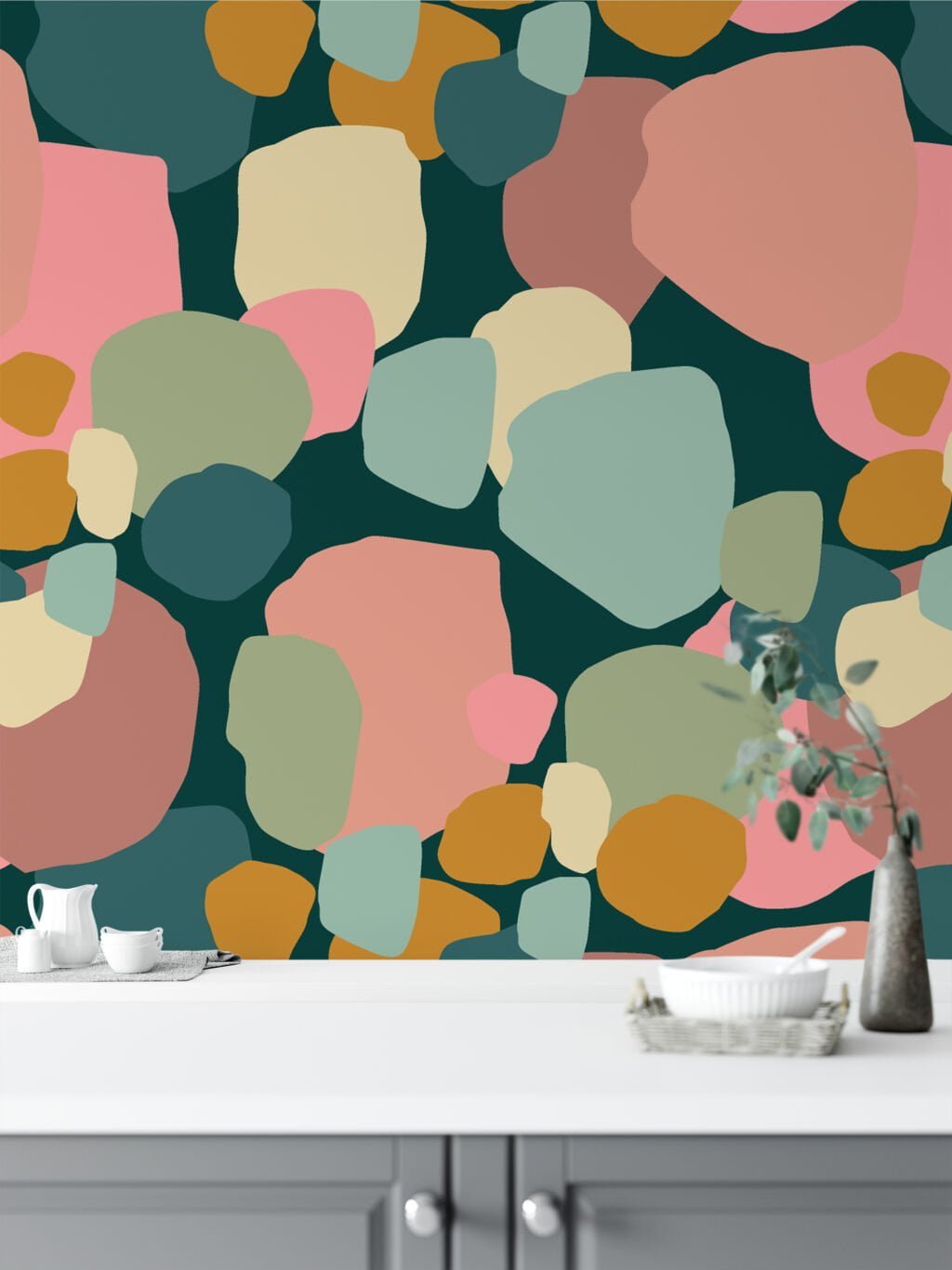Abstract Exotic Pebbles Illustration Wallpaper, Soft Pastel Geometric Peel & Stick Wall Mural