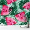 Tropical Leaves With Watermelons Illustration Wallpaper, Juicy Watermelon Slices & Palm Leaves Peel & Stick Wall Mural