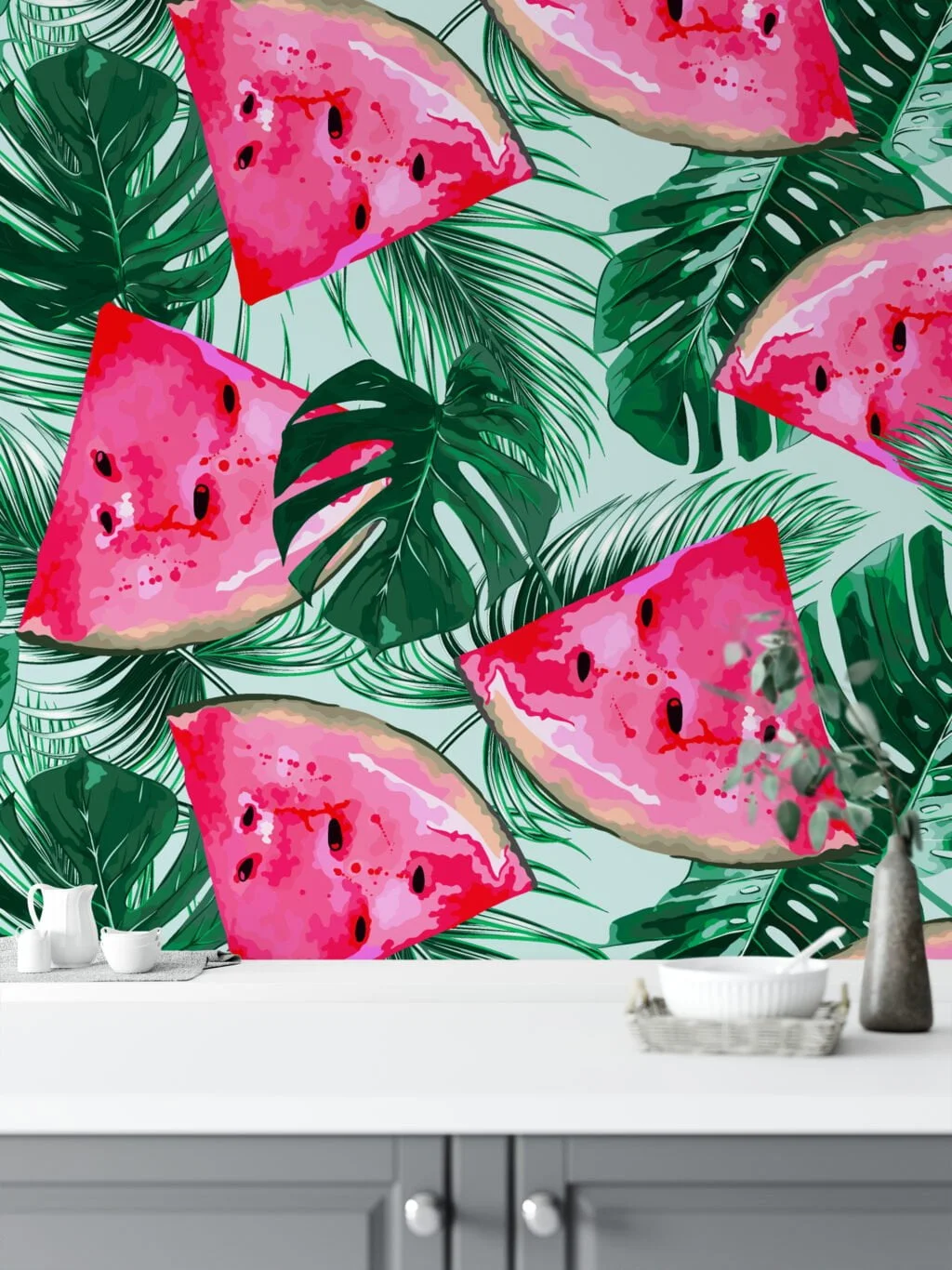 Tropical Leaves With Watermelons Illustration Wallpaper, Juicy Watermelon Slices & Palm Leaves Peel & Stick Wall Mural