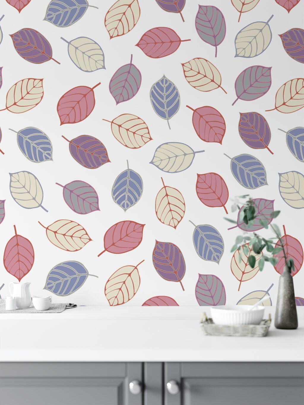 Abstract Colorful Leaves Illustration Wallpaper, Whimsical Autumn Leaves Peel & Stick Wall Mural