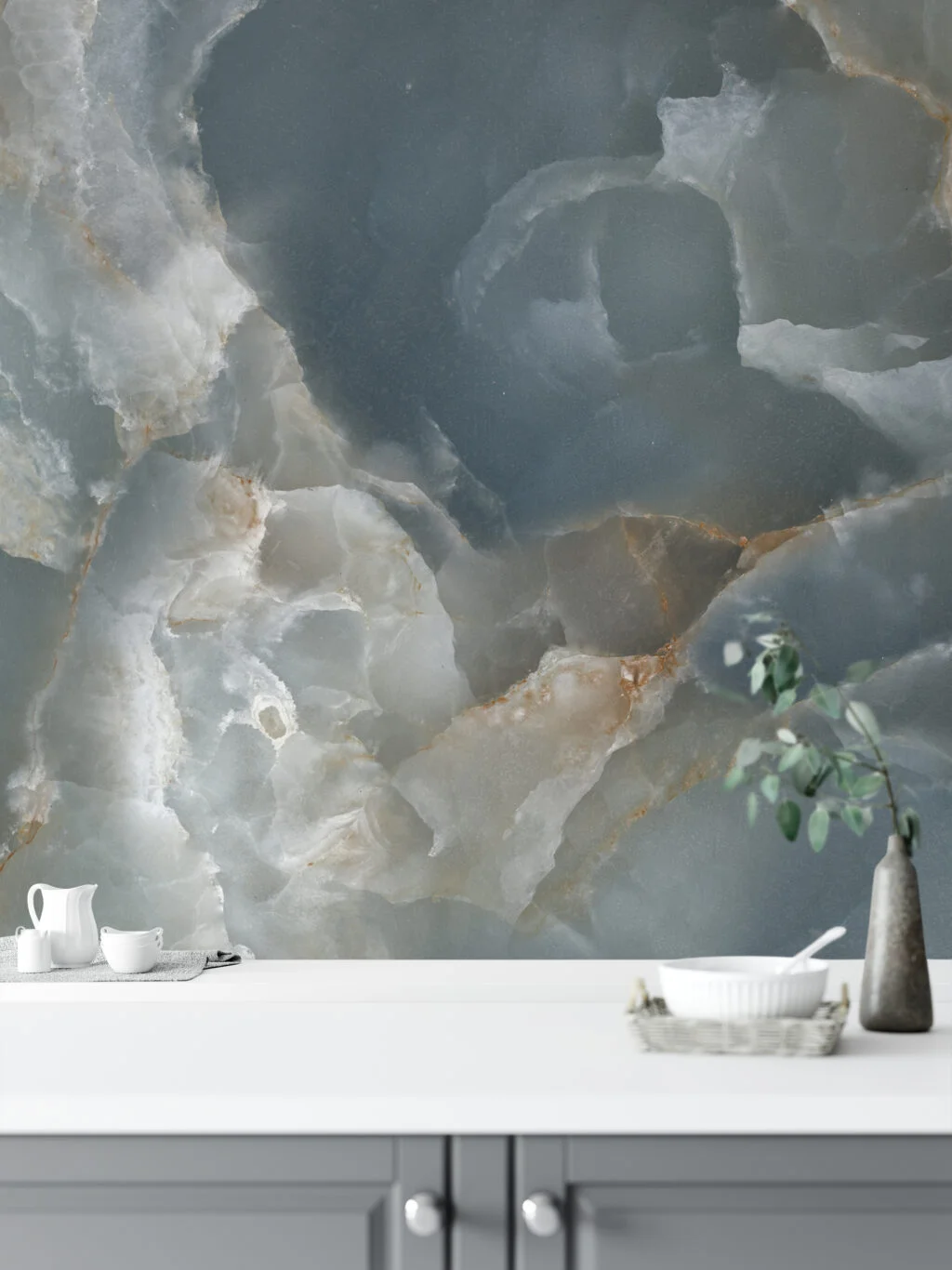 Muted Teal Blue Marble Stone Texture Wallpaper, Cool Tranquil Blue Peel & Stick Wall Mural