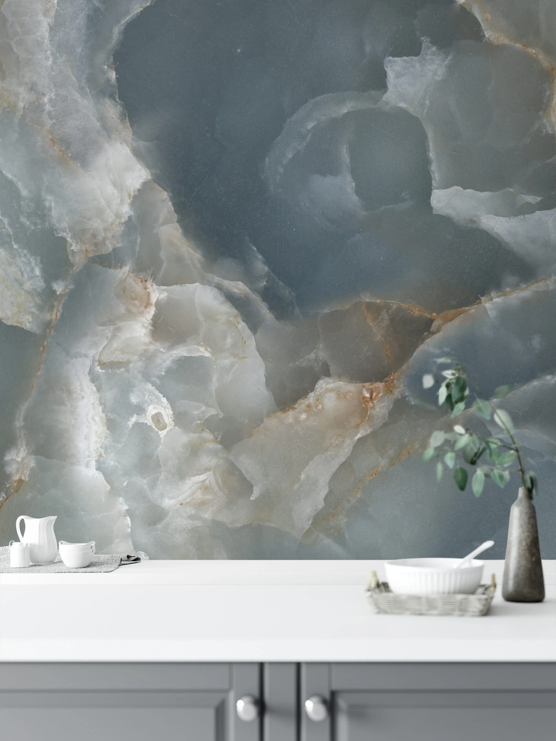Muted Teal Blue Marble Stone Texture Wallpaper, Cool Tranquil Blue Peel & Stick Wall Mural