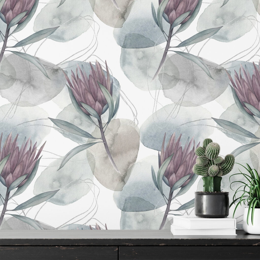 Muted Watercolor Style Flower Illustration Wallpaper, Elegant Botanical Peel & Stick Wall Mural