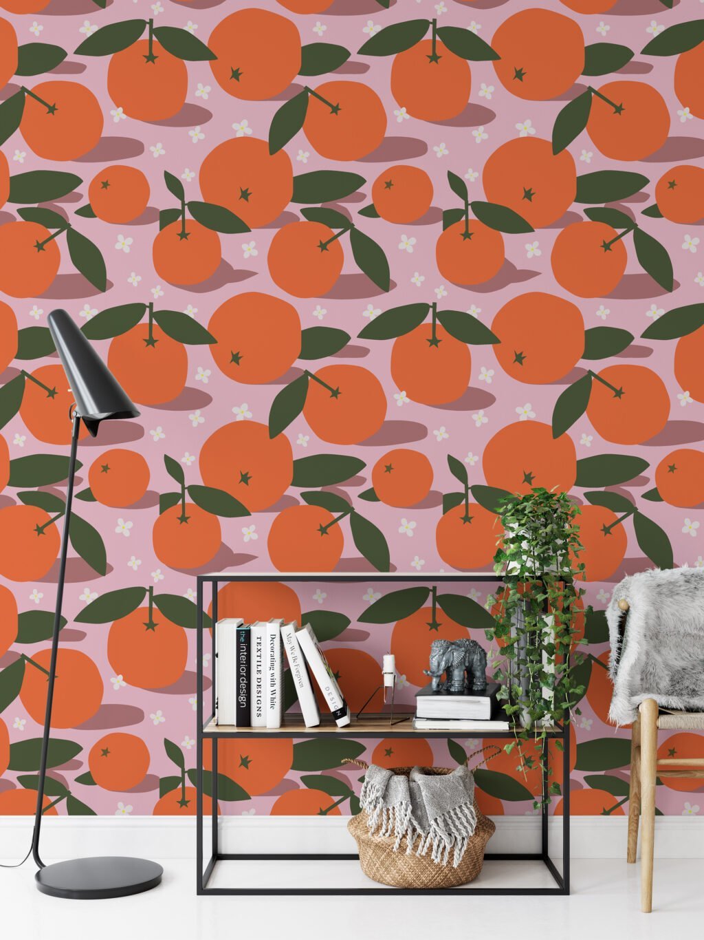 Flat Art Oranges Pattern Illustration Wallpaper, Cheerful Citrus Orchard Peel & Stick Wall Mural