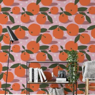 Flat Art Oranges Pattern Illustration Wallpaper, Cheerful Citrus Orchard Peel & Stick Wall Mural