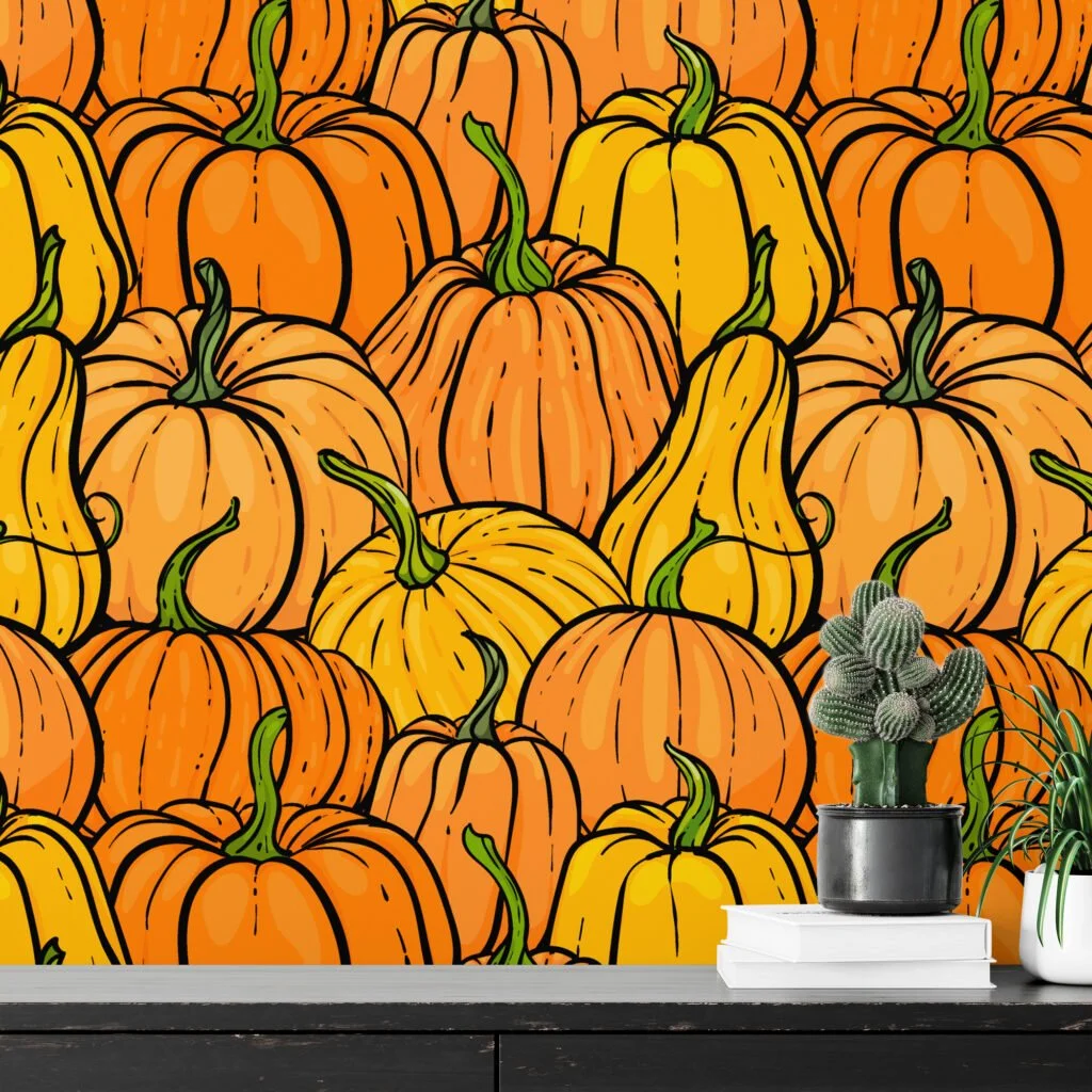 Cartoon Style Pumpkins Pattern Illustration Wallpaper, Harvest Pumpkin Patch Peel & Stick Wall Mural