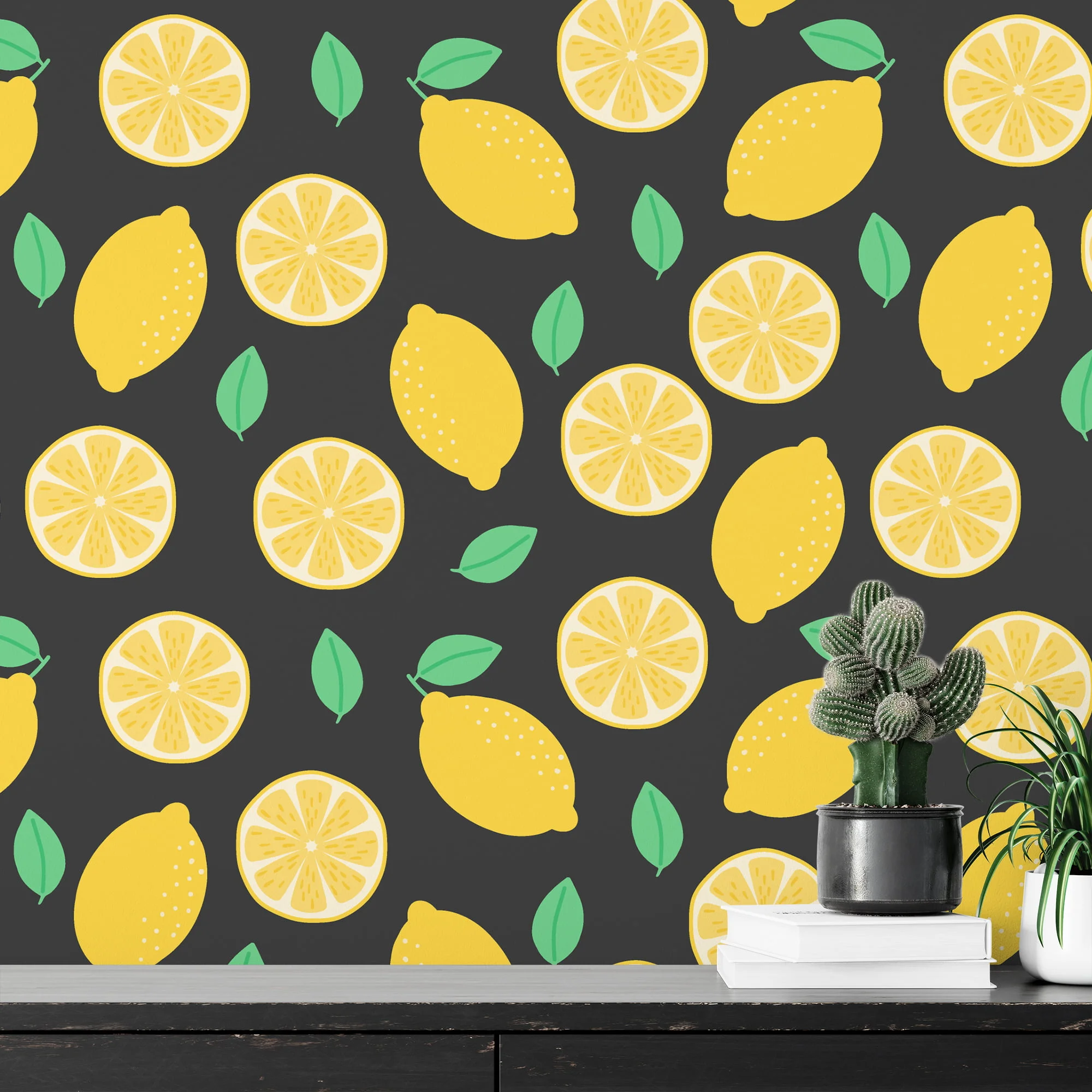 Flat Art Lemon Pattern With Mint Background Wallpaper, Lively Lemon Orchard Peel & Stick Wall Mural