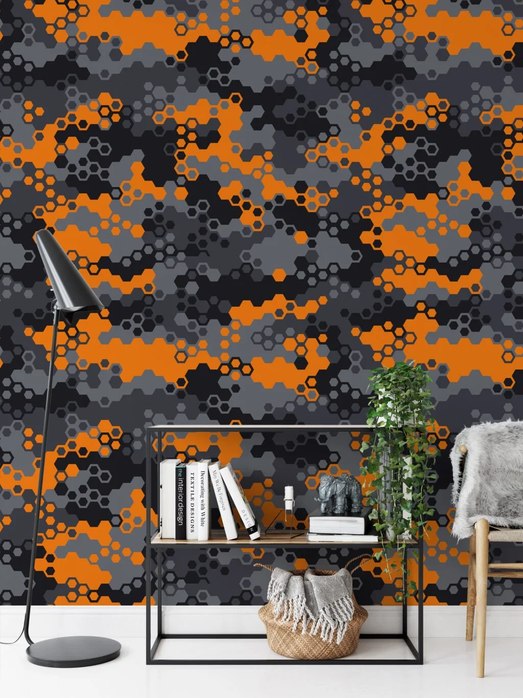 Abstract Grey And Orange Hexagon Geometric Shaped Illustration Wallpaper, Modern Home Decor Peel & Stick Wall Mural