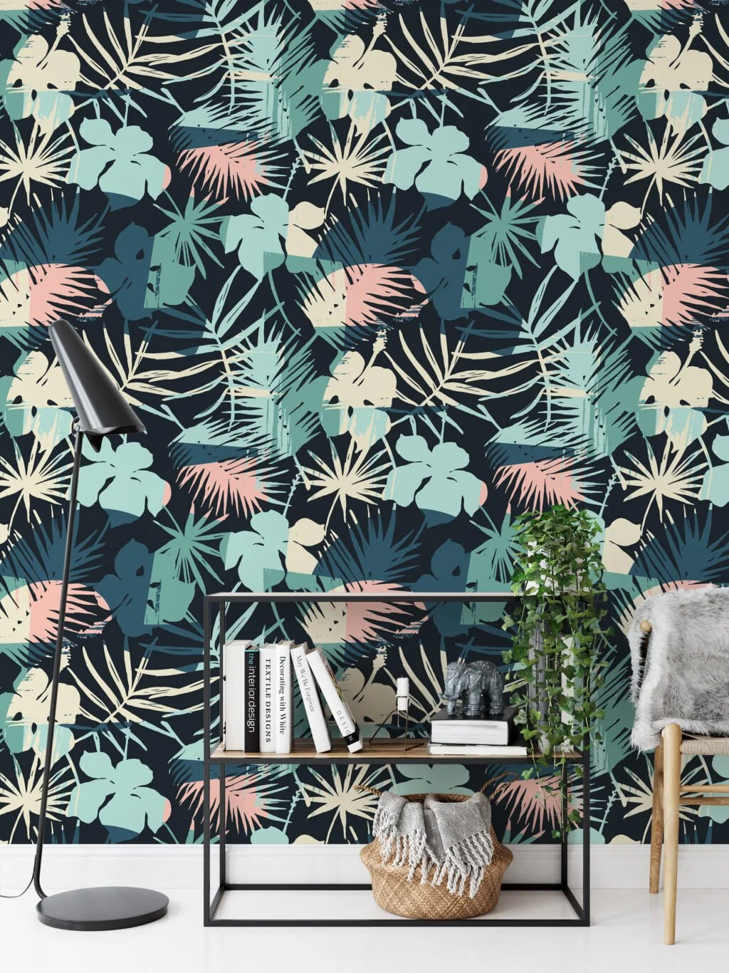 Abstract Retro Colored Tropical Illustration Wallpaper, Navy Night Botanical Peel & Stick Wall Mural