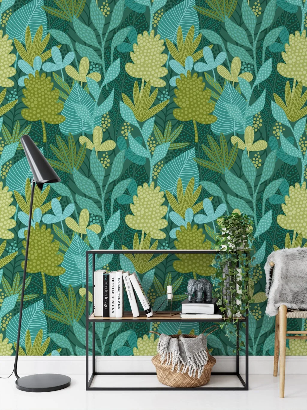Flat Art Abstract Green Shades Plants Wallpaper, Enchanted Tropical Forest Peel & Stick Wall Mural