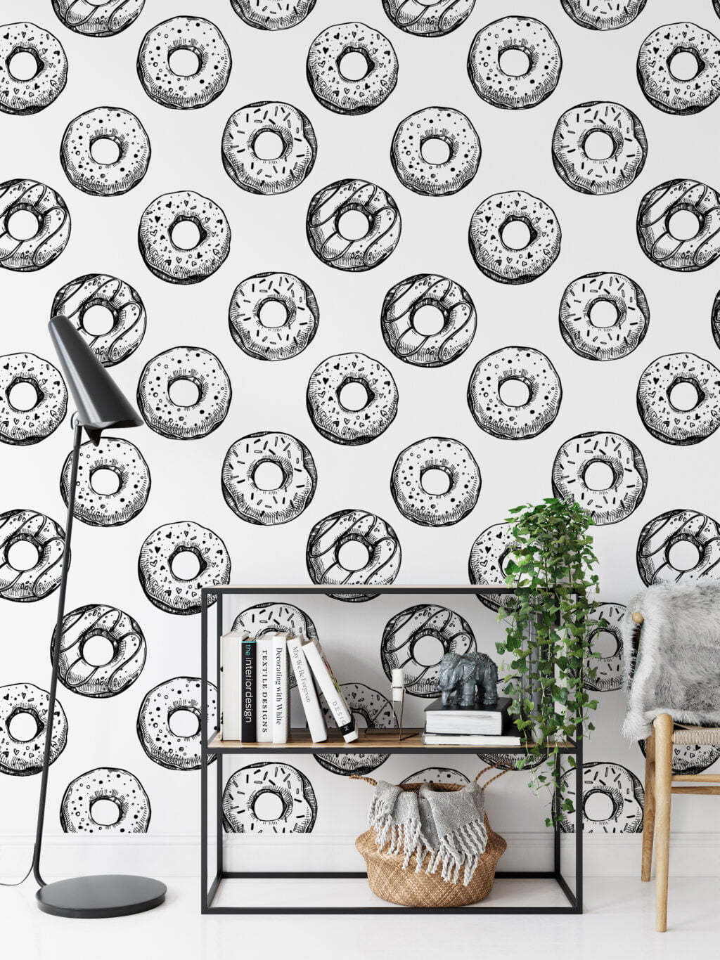 Line Art Donuts With Sprinkles Pattern Wallpaper, Sweet Treats Line Art Donut Peel & Stick Wall Mural